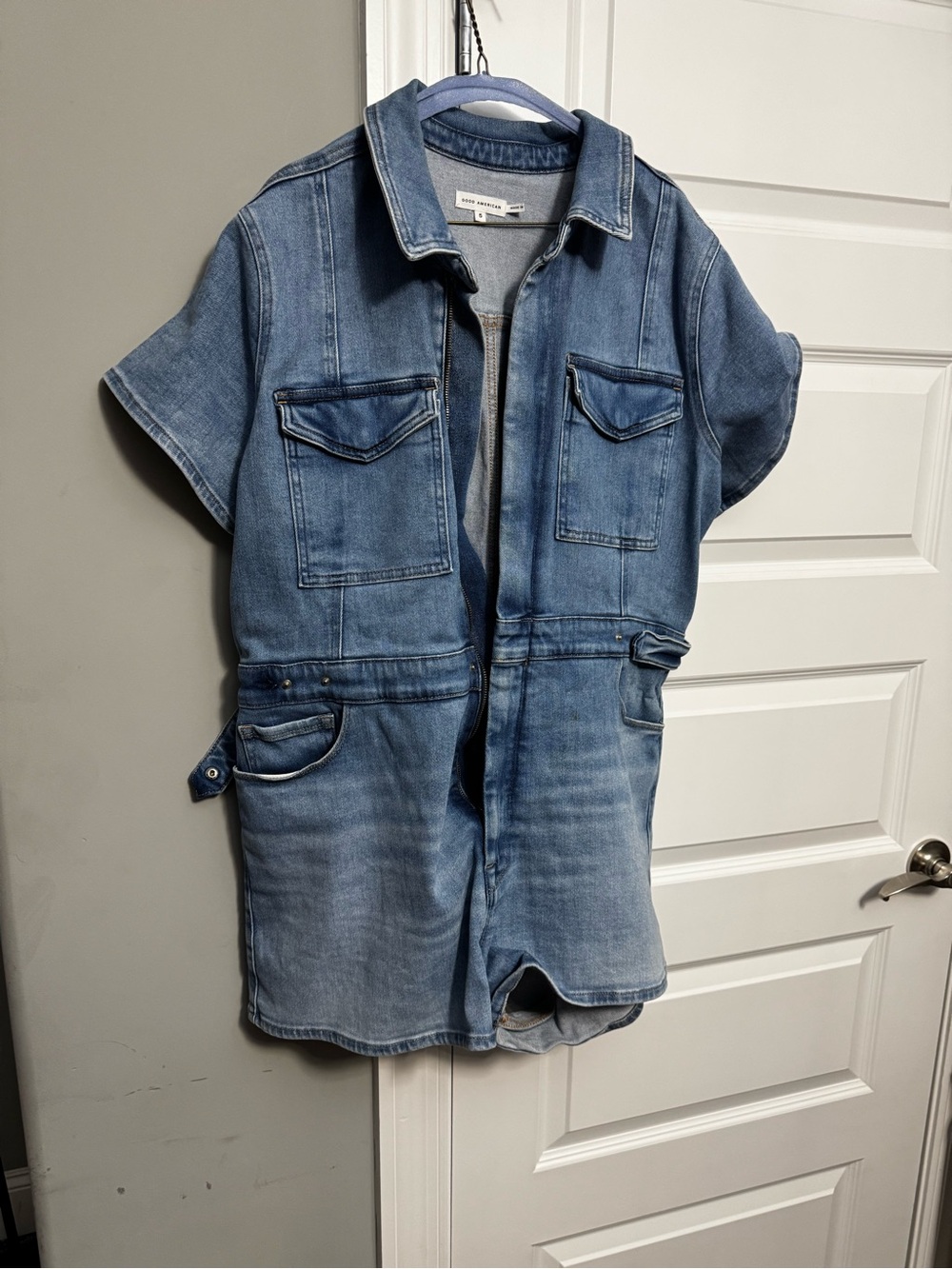 Denim Short-Sleeve Romper Dress - Blue